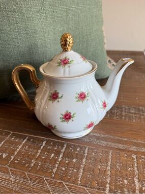White Porcelain Teapot with Pink Rose Pattern and Gold Accents